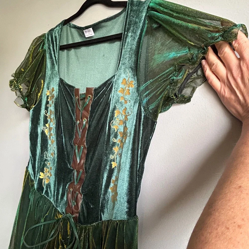 Spirit Halloween Green Renaissance Fairy Costume Dress XL Velvet Iridescent Mesh - Picture 5 of 10